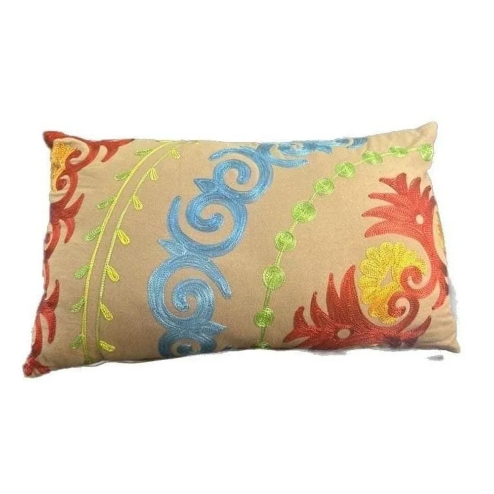 Vintage Pier 1 Imports Embroidered Boho Suzani Lumbar Throw Pillow 19x11